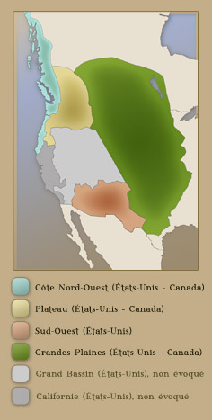 Carte de l'Ouest du continent américain présentant les quatres aires culturelles figurant dans la collection de photographies de E. S. Curtis