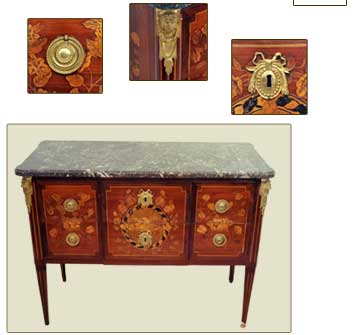 Une commode Louis XVI aux ornementations de bronze doré typique