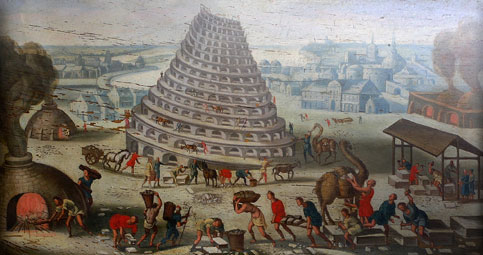 Détail du panneau C6 : construction de la tour de Babel