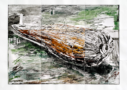 Grand manioc, gravure sur bois en couleur, 225 x 315 cm, 2006