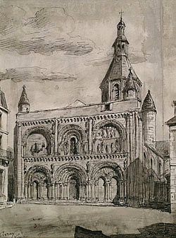 La façade de Saint-Nicolas de Civray, dessin de Deverin