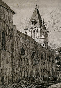 Dessin de Deverin figurant la façade nord et le clocher de l'église abattiale de Nouaillé-Maupertuis